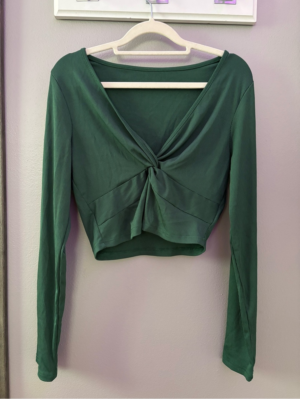 SHEIN Twist-Front Long Sleeve Ribbed Crop Top - Forest Green